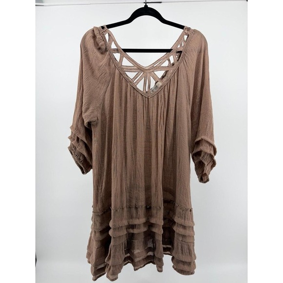 Umgee Tops - Umgee Boho Dress, Lattice Cut Out Neckline, Tiered Ruffle Hem, Women's Size XL